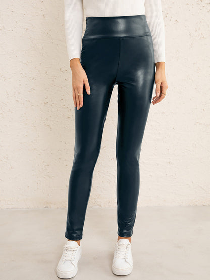 Women Clothing High Waist High Elastic Slim Faux Leather Trousers Motorcycle Tight Leather Pants