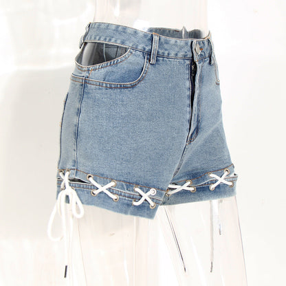 Denim Shorts Summer Waist Hollow Out Cutout Hem Braid Rope Loose pant