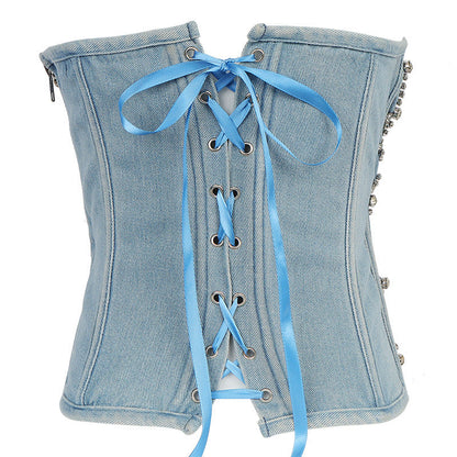 Tube Top Diamond Beaded Denim Strapless Vest Lace up Shaping Slim Fits