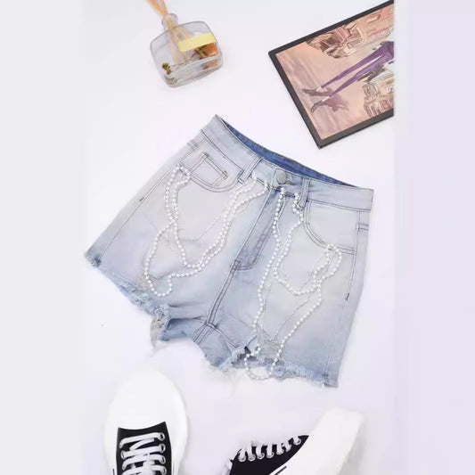 High Waist Women Summer Pearl Tassel Chain Slim Straight Denim Shorts.