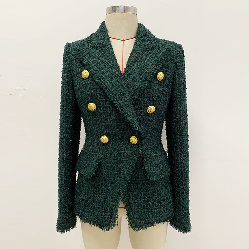 Goods Autumn Winter High End Fabric Tassel Fringe Tweed Slim Fit Blazer Dark Green