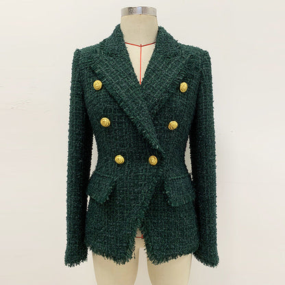 Goods Autumn Winter High End Fabric Tassel Fringe Tweed Slim Fit Blazer Dark Green