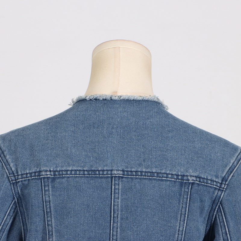 Spring Trendy O neck Short Pocket Stitching Long Sleeve Denim Coat