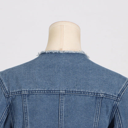 Spring Trendy O neck Short Pocket Stitching Long Sleeve Denim Coat