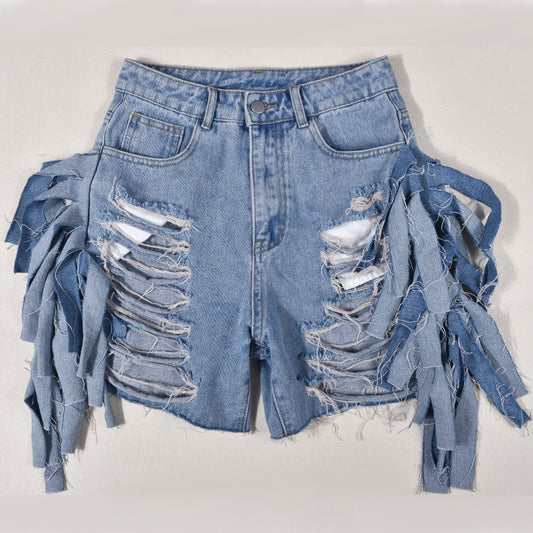 Women Clothing High Waist Ripped Washed Personalized Hole Tassel Short