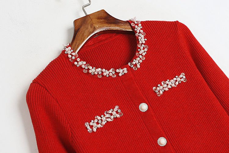 Woman Cardigan Sequined round Neck Knitted Spring Single Long Sleeved.