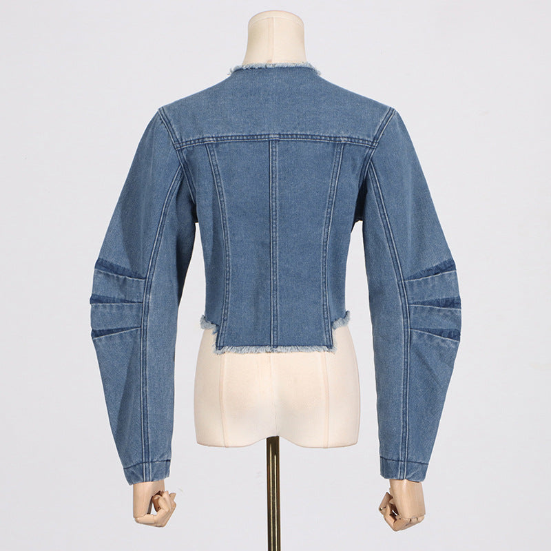 Spring Trendy O neck Short Pocket Stitching Long Sleeve Denim Coat