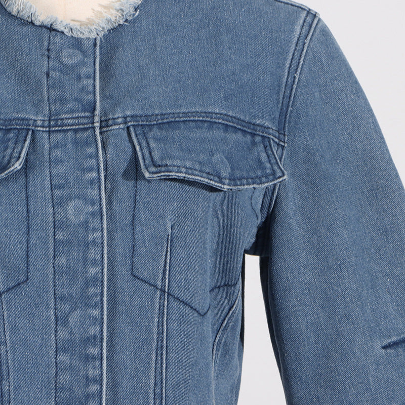 Spring Trendy O neck Short Pocket Stitching Long Sleeve Denim Coat