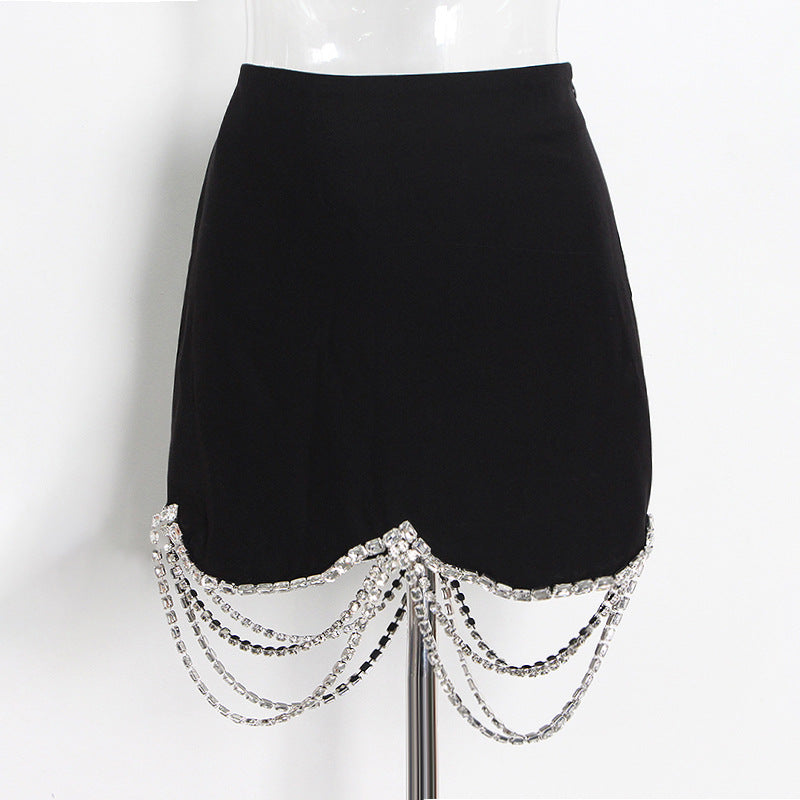 black short Skirt Set Autumn Rhinestone Chain Stitching Slim Skirt