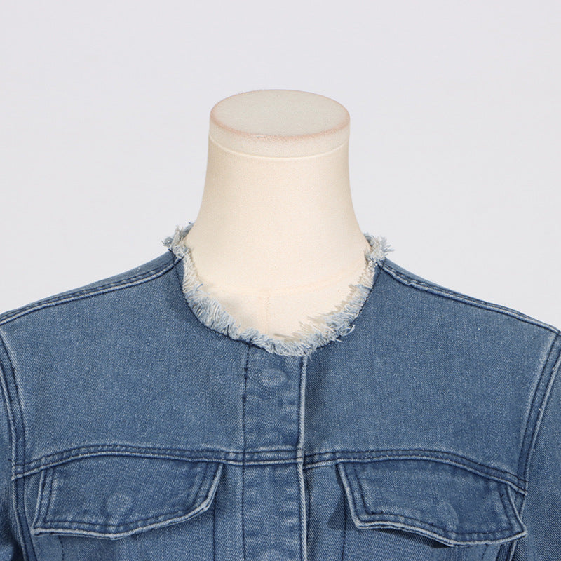 Spring Trendy O neck Short Pocket Stitching Long Sleeve Denim Coat