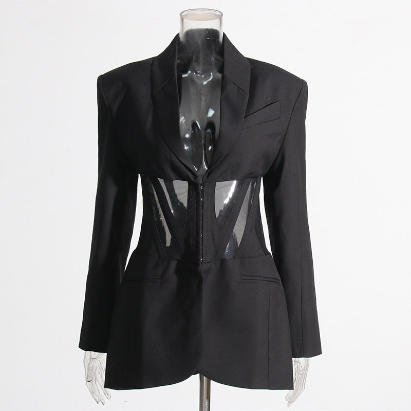 Blazer Boning Corset Waist Mesh Stitching See Through midlength design