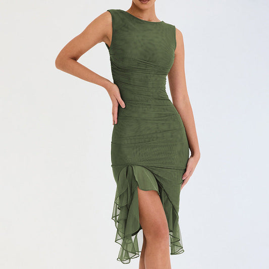 Spring Summer round Neck Sleeveless Dress Women Sexy Tight Backless Pleated Midi Dress