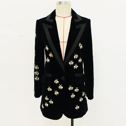 Autumn Winter Star Slim Bee Exquisite Rhinestone Beaded Velvet Blazer