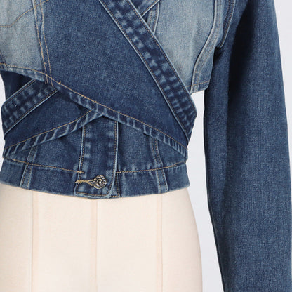 Summer Niche Special V neck Cross Asymmetric Lace up  Short Denim Coat