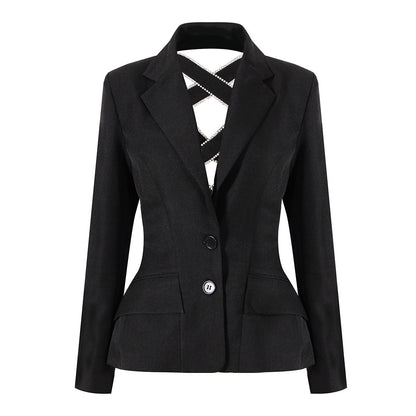 Woman coat Minority Spring Back Cross Cutout high Waist Tight Blazers.