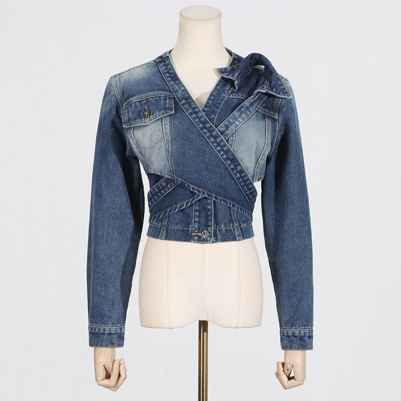 Summer Niche Special V neck Cross Asymmetric Lace up  Short Denim Coat