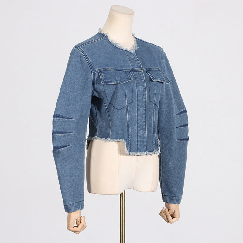 Spring Trendy O neck Short Pocket Stitching Long Sleeve Denim Coat