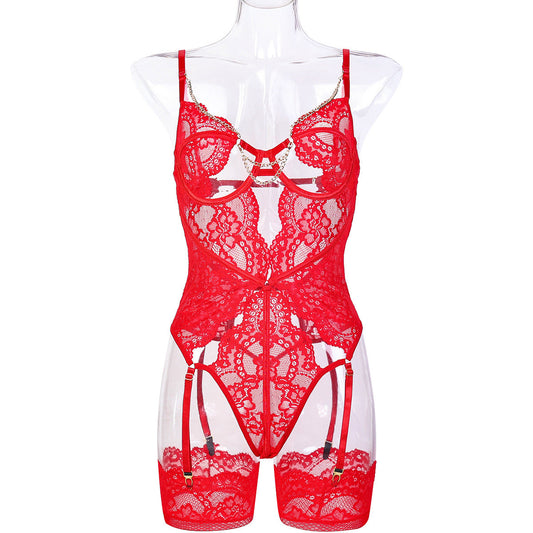 Red Lace Women Clothing Plunge Metal Chain Hollow Cutout Sexy Bustier.