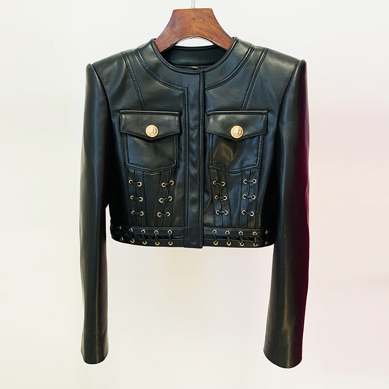 Round Neck Heavy Industry Rope Slim Short Leather Jacket Coat