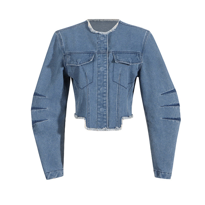 Spring Trendy O neck Short Pocket Stitching Long Sleeve Denim Coat