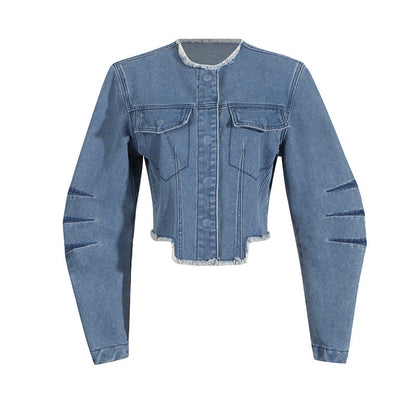 Spring Trendy O neck Short Pocket Stitching Long Sleeve Denim Coat