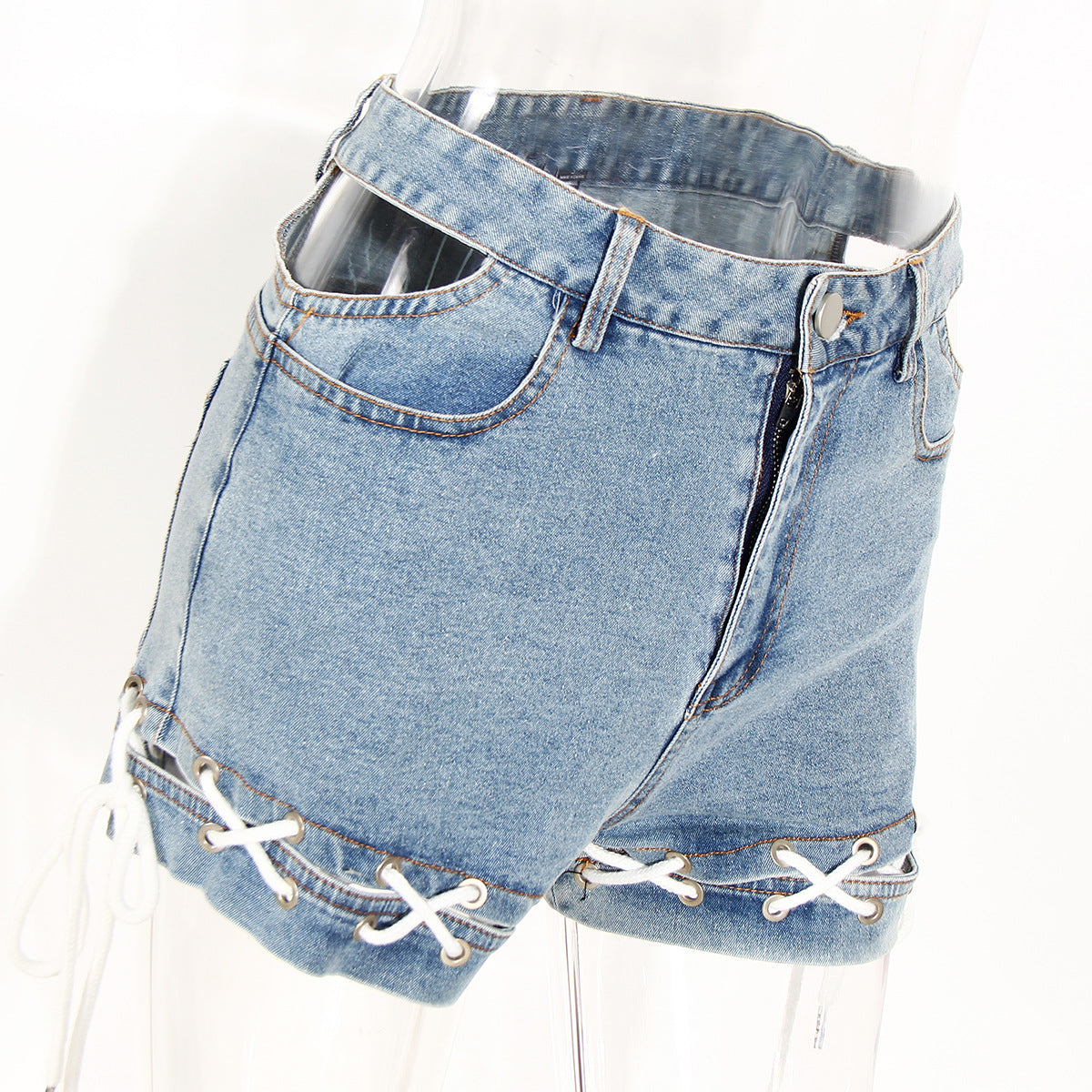 Denim Shorts Summer Waist Hollow Out Cutout Hem Braid Rope Loose pant