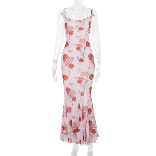 summer dress Classic Floral Print Plunge Neck Slim Fit Fishtail Dress.